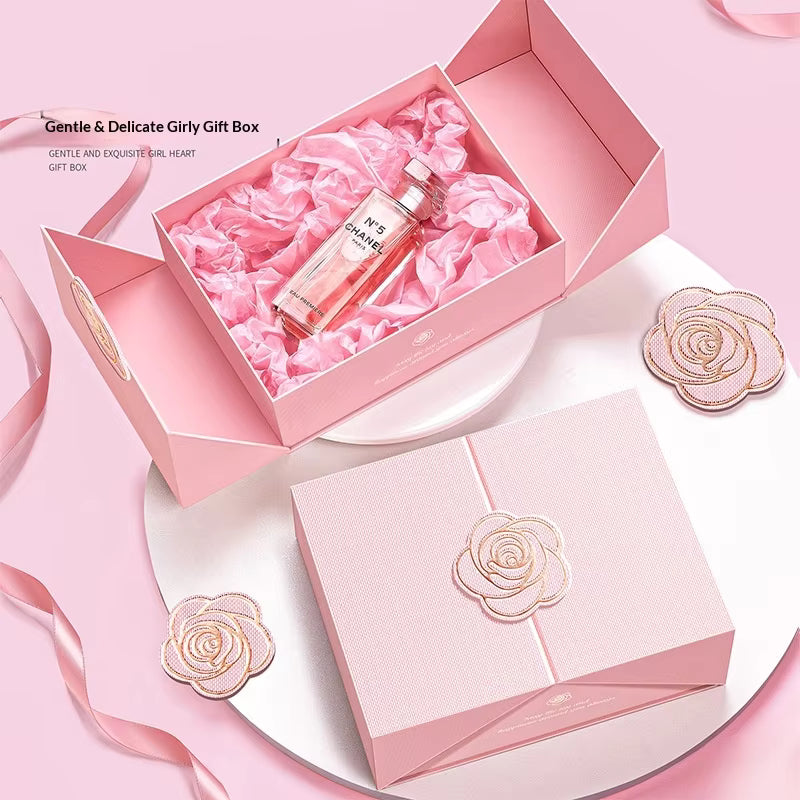 Coffret Cadeau Haut de Gamme à Double Porte avec Design Graphique Rose - Emballage de Rouge à Lèvres de Luxe pour Anniversaire et Noël
