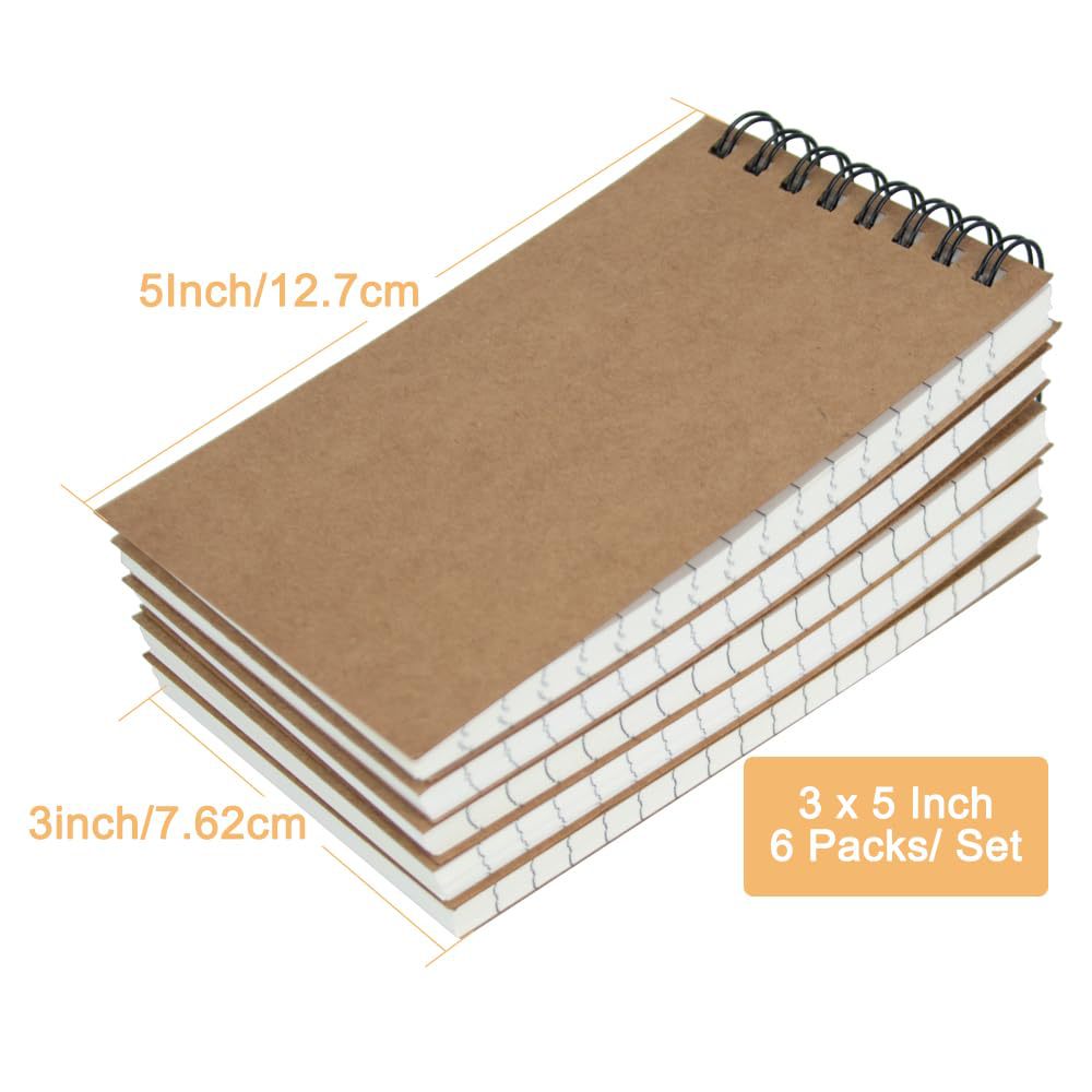 Kraft Cover Mini Spiral Notepad Set 3x5 Inch | 6 Pack Lined Pocket Memo Pads for Office and Travel