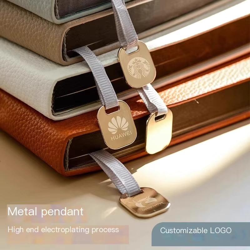 A5 Custom Logo Notebook Diary | Hardcover Soft Leather Journal with 100 Sheets, Metal Pendant & Pen Holder | Thread-Bound Corporate Gift Stationery