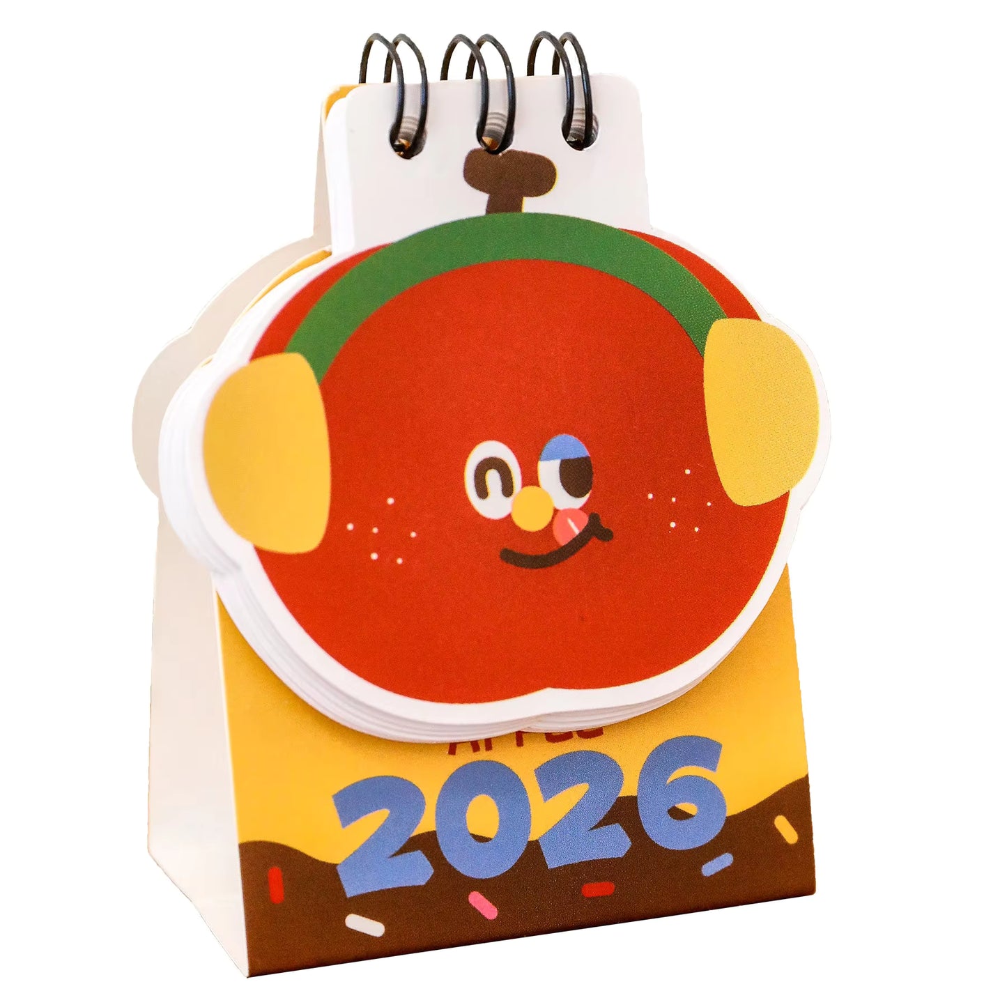 Mini calendrier de bureau 2026, joli dessin animé Apple Bean – petite décoration de bureau, ornement de bureau d'étudiant