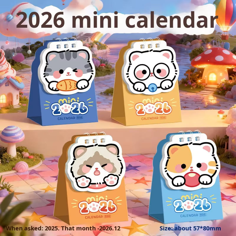 Маленький настольный календарь с изображением милого кота на 2026 год – креативный мини-настольный календарь неправильной формы для студентов, офисного декора и подарков