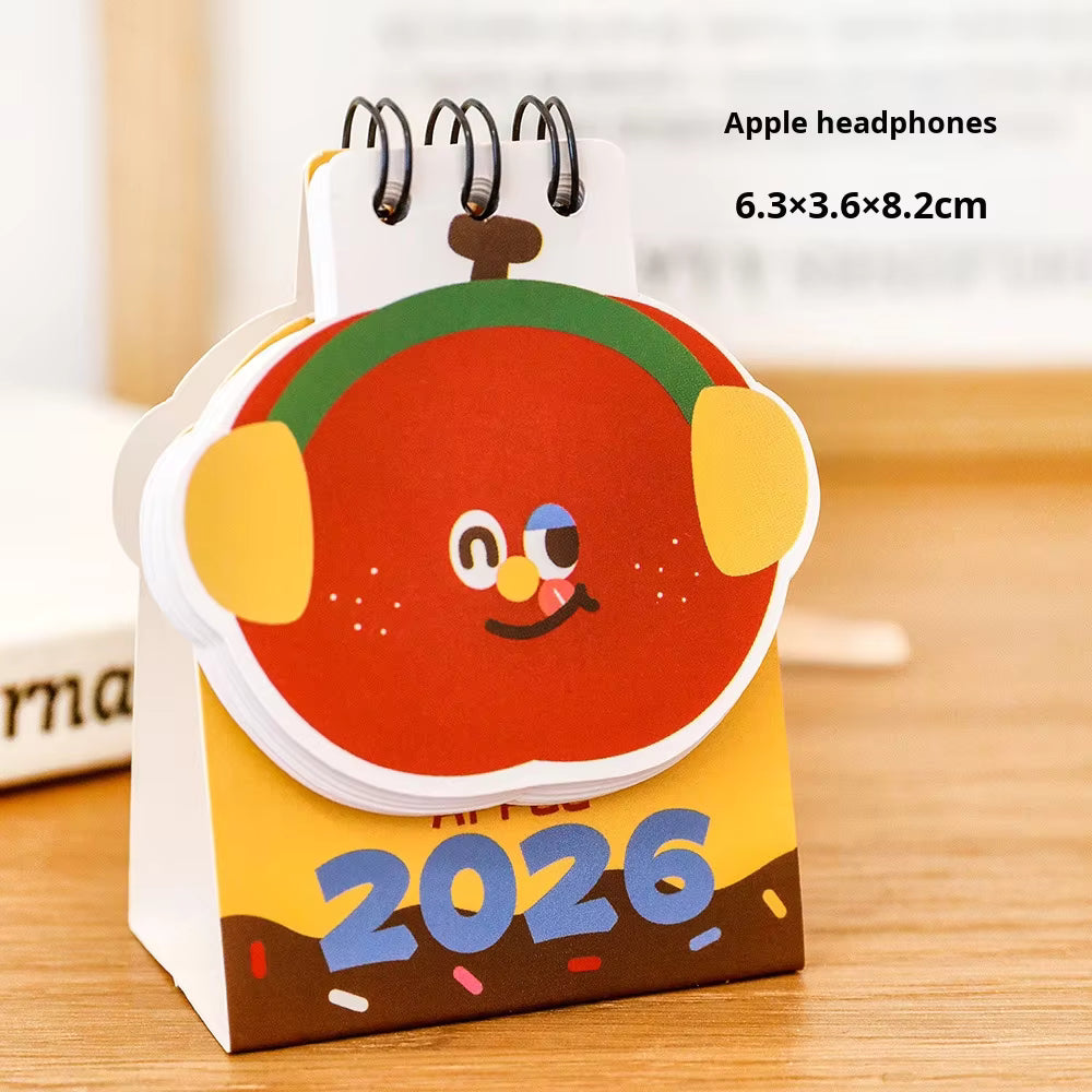 Mini calendrier de bureau 2026, joli dessin animé Apple Bean – petite décoration de bureau, ornement de bureau d'étudiant