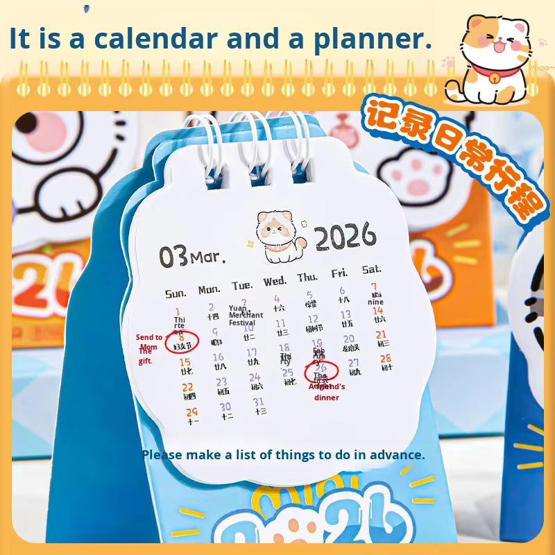 Маленький настольный календарь с изображением милого кота на 2026 год – креативный мини-настольный календарь неправильной формы для студентов, офисного декора и подарков
