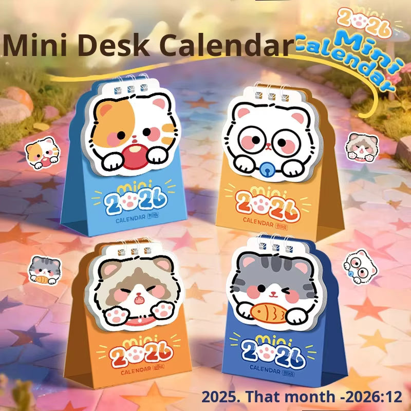 Маленький настольный календарь с изображением милого кота на 2026 год – креативный мини-настольный календарь неправильной формы для студентов, офисного декора и подарков